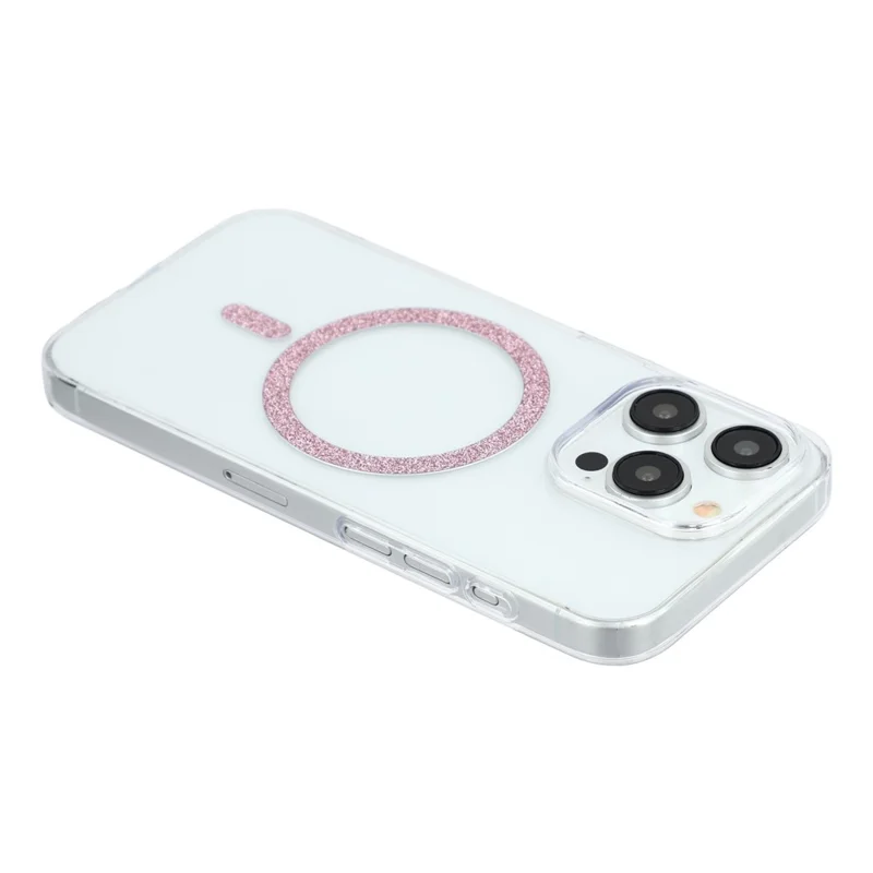 For iPhone 14 Pro Max Magnetic Case Glitter Ring 1.5mm Hard PC Clear Phone Cover - Pink