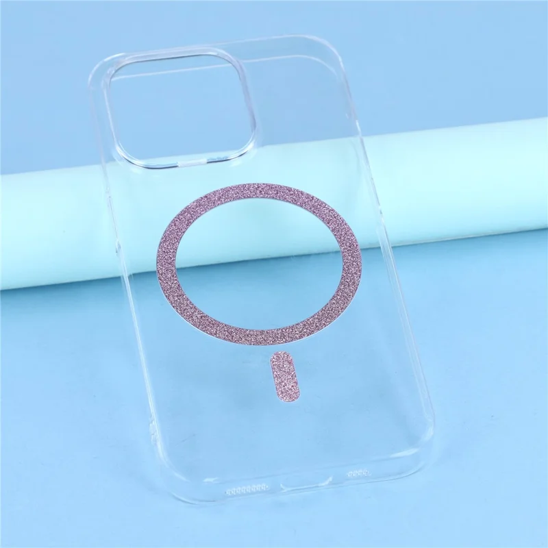 For iPhone 14 Pro Max Magnetic Case Glitter Ring 1.5mm Hard PC Clear Phone Cover - Pink