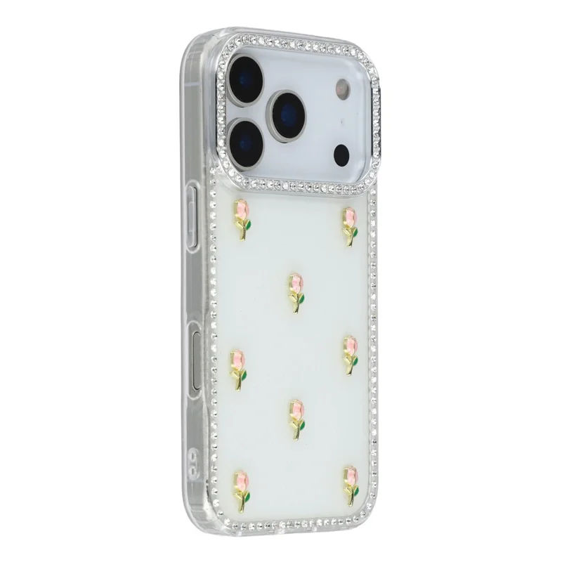 For iPhone 17 Pro Max Case Rhinestone Edge Small Tulips Decor TPU + PC IMD Phone Cover - Glitter White