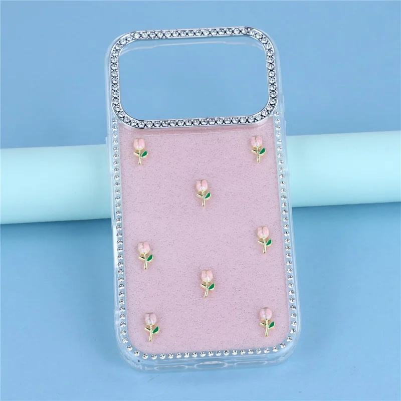 For iPhone 17 Pro Max Case Rhinestone Edge Small Tulips Decor TPU + PC IMD Phone Cover - Glitter Light Pink