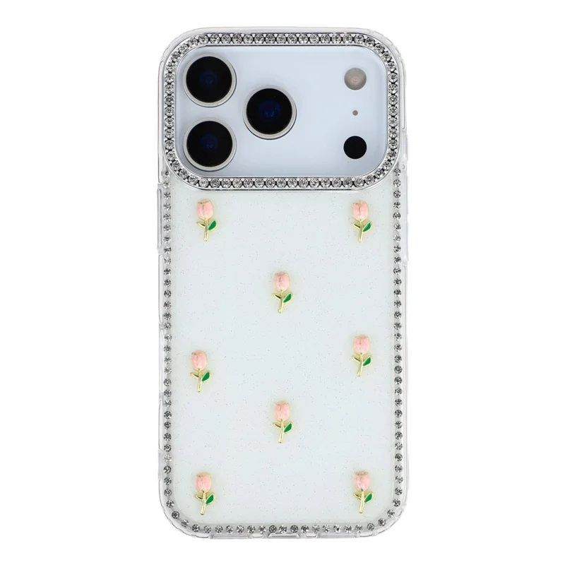 For iPhone 17 Pro Case Rhinestone Edge Small Tulips Decor TPU + PC IMD Phone Cover - Glitter White