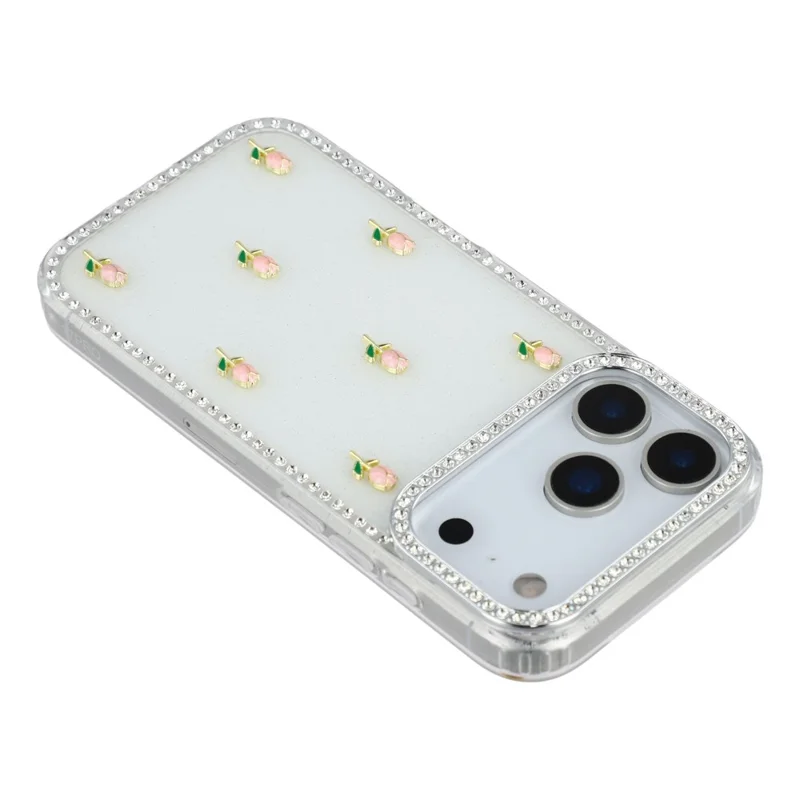 For iPhone 17 Pro Case Rhinestone Edge Small Tulips Decor TPU + PC IMD Phone Cover - Glitter White