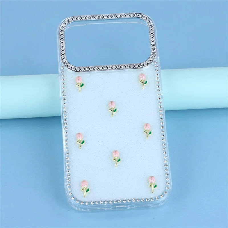 For iPhone 17 Pro Case Rhinestone Edge Small Tulips Decor TPU + PC IMD Phone Cover - Glitter White