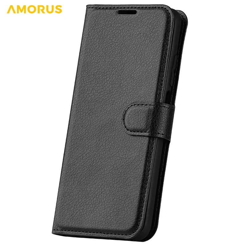 AMORUS For iPhone 15 Wallet Case Litchi Texture Shockproof Leather Flip Stand Phone Cover - Black