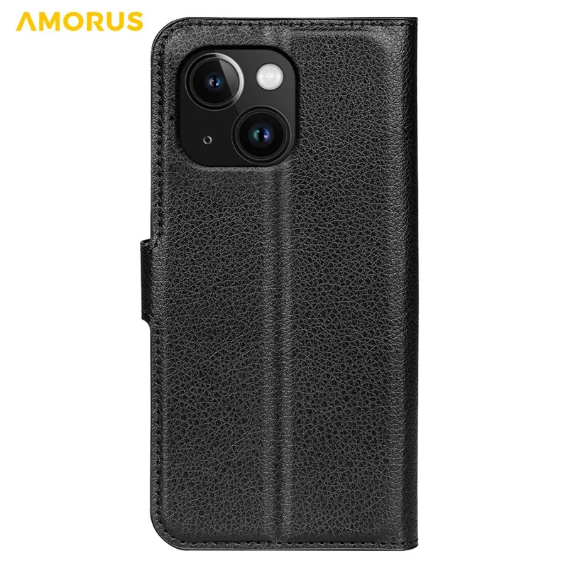AMORUS For iPhone 15 Wallet Case Litchi Texture Shockproof Leather Flip Stand Phone Cover - Black
