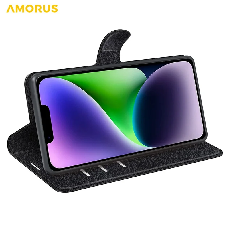 AMORUS For iPhone 15 Wallet Case Litchi Texture Shockproof Leather Flip Stand Phone Cover - Black