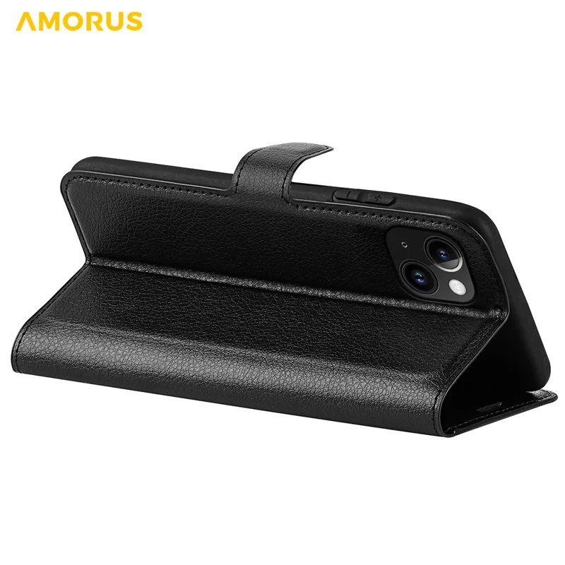 AMORUS For iPhone 15 Wallet Case Litchi Texture Shockproof Leather Flip Stand Phone Cover - Black