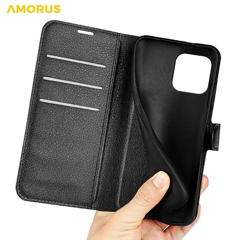 AMORUS For iPhone 15 Wallet Case Litchi Texture Shockproof Leather Flip Stand Phone Cover - Black