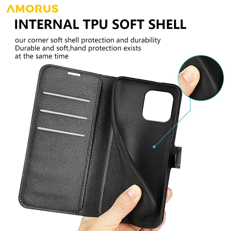 AMORUS For iPhone 15 Wallet Case Litchi Texture Shockproof Leather Flip Stand Phone Cover - Black