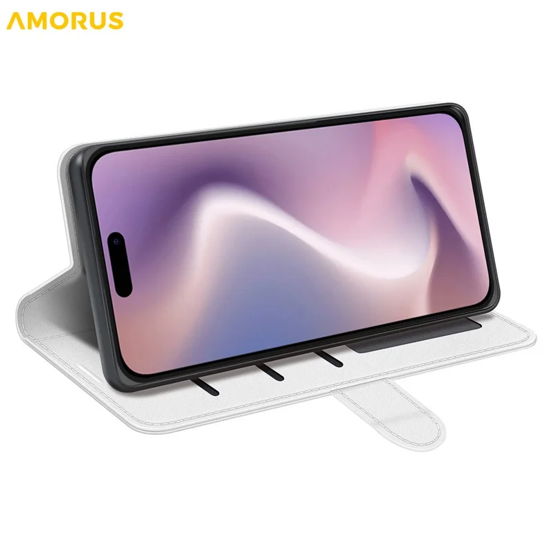 AMORUS For iPhone 16 Pro Max Wallet Case Litchi Texture Shockproof Leather Flip Stand Phone Cover - White