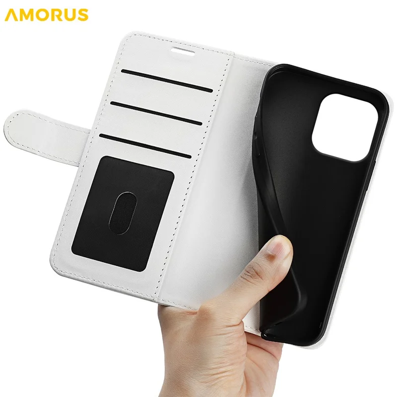 AMORUS For iPhone 16 Pro Max Wallet Case Litchi Texture Shockproof Leather Flip Stand Phone Cover - White