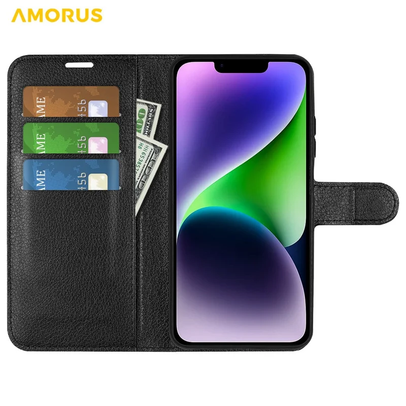 AMORUS For iPhone 15 Plus Wallet Case Litchi Texture Shockproof Leather Flip Stand Phone Cover - Black