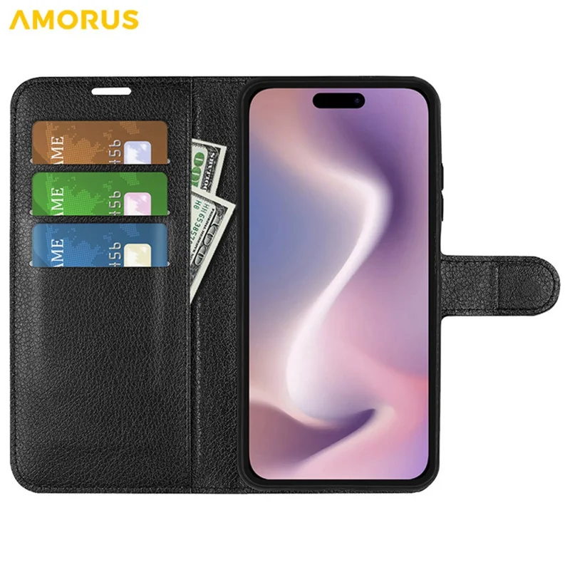 AMORUS For iPhone 16 Plus Wallet Case Litchi Texture Shockproof Leather Flip Stand Phone Cover - Black
