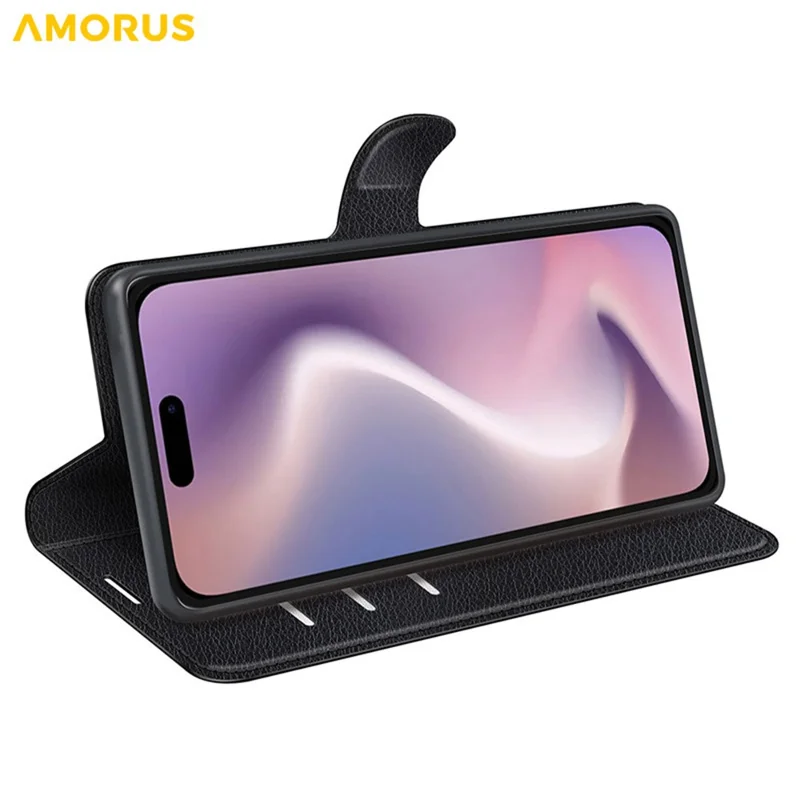 AMORUS For iPhone 16 Plus Wallet Case Litchi Texture Shockproof Leather Flip Stand Phone Cover - Black