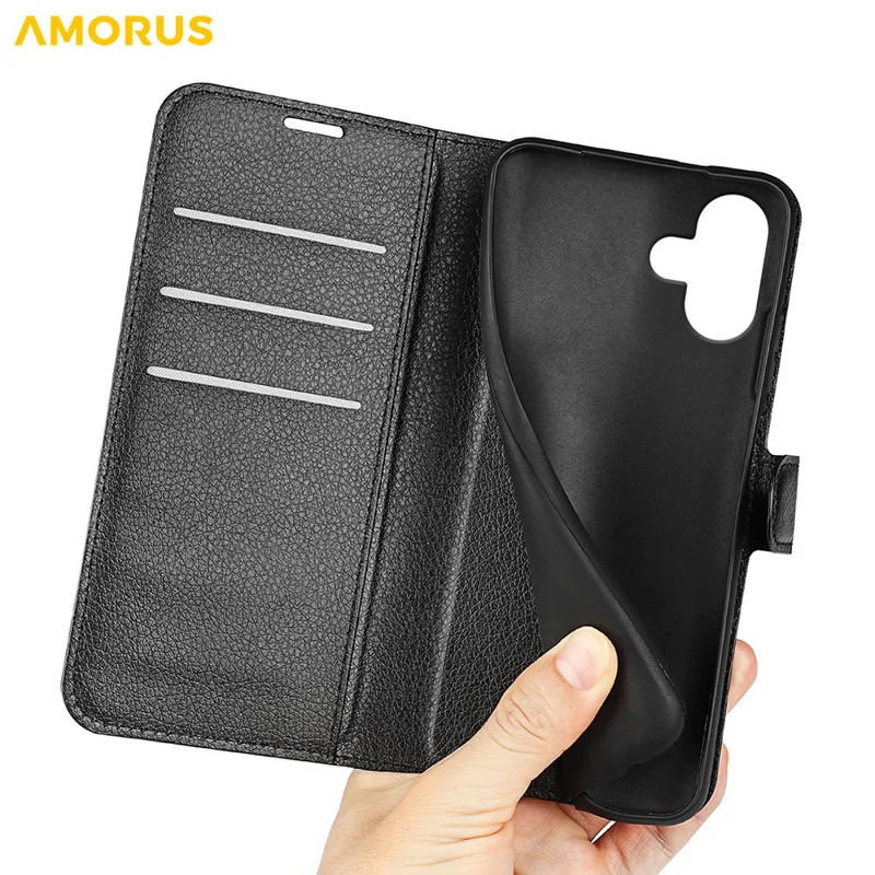 AMORUS For iPhone 16 Plus Wallet Case Litchi Texture Shockproof Leather Flip Stand Phone Cover - Black