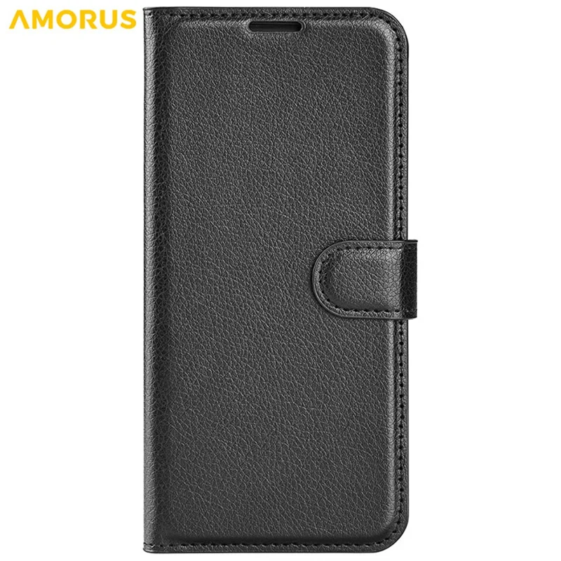 AMORUS For iPhone 16 Plus Wallet Case Litchi Texture Shockproof Leather Flip Stand Phone Cover - Black