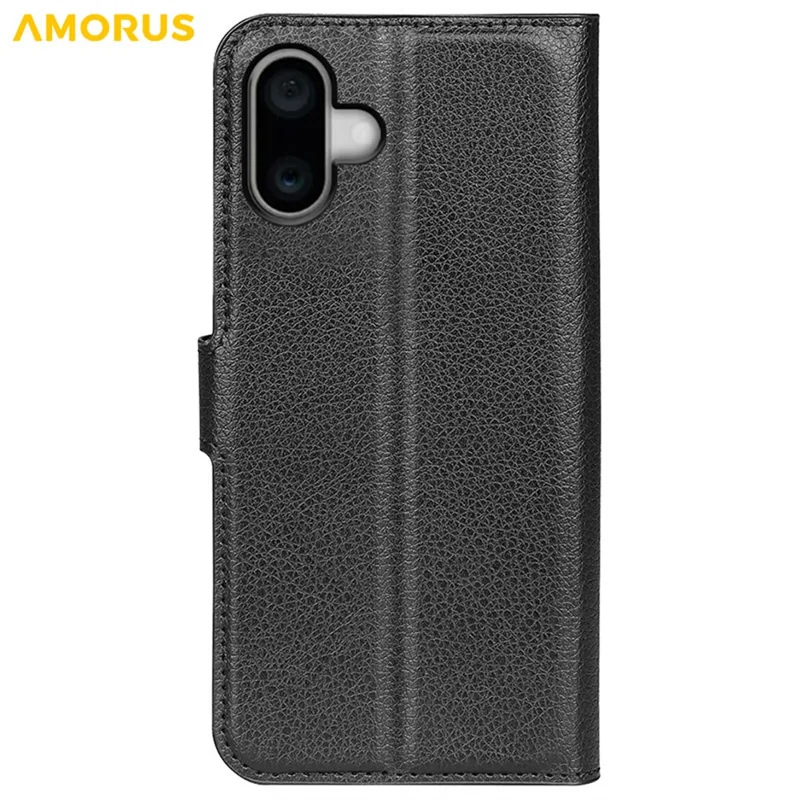 AMORUS For iPhone 16 Plus Wallet Case Litchi Texture Shockproof Leather Flip Stand Phone Cover - Black