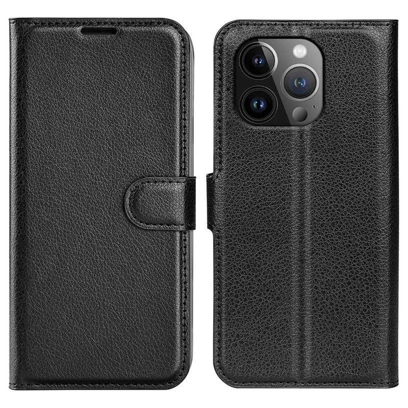 AMORUS For iPhone 15 Pro Wallet Case Litchi Texture Shockproof Leather Flip Stand Phone Cover - Black