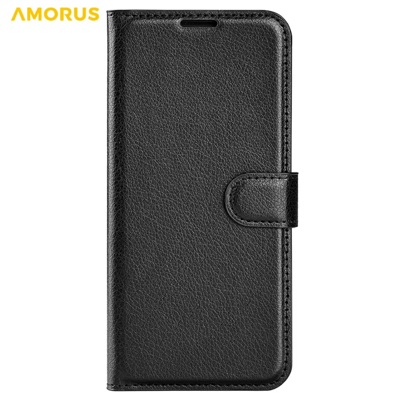 AMORUS For iPhone 15 Pro Wallet Case Litchi Texture Shockproof Leather Flip Stand Phone Cover - Black