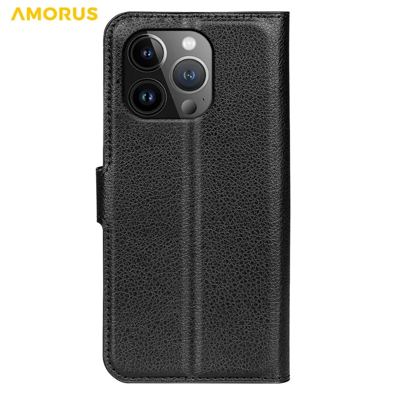 AMORUS For iPhone 15 Pro Wallet Case Litchi Texture Shockproof Leather Flip Stand Phone Cover - Black