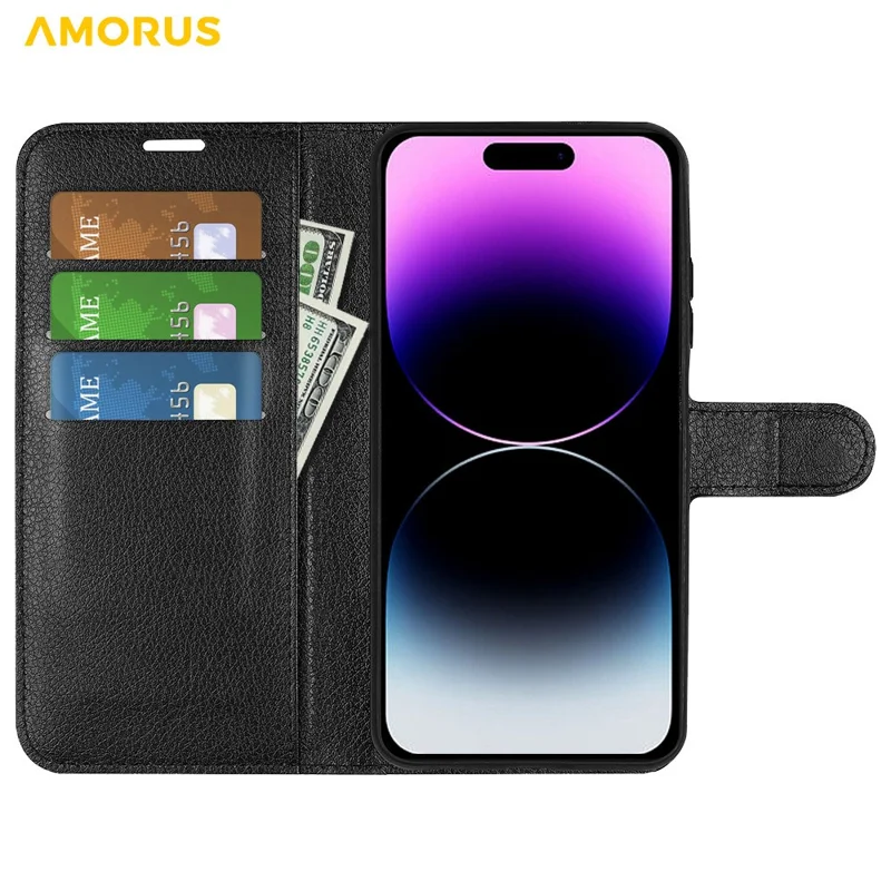AMORUS For iPhone 15 Pro Wallet Case Litchi Texture Shockproof Leather Flip Stand Phone Cover - Black