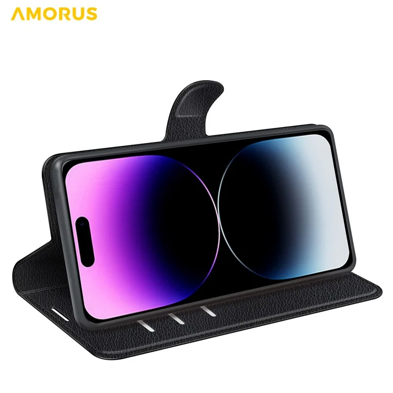 AMORUS For iPhone 15 Pro Wallet Case Litchi Texture Shockproof Leather Flip Stand Phone Cover - Black