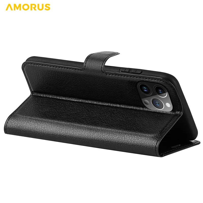 AMORUS For iPhone 15 Pro Wallet Case Litchi Texture Shockproof Leather Flip Stand Phone Cover - Black