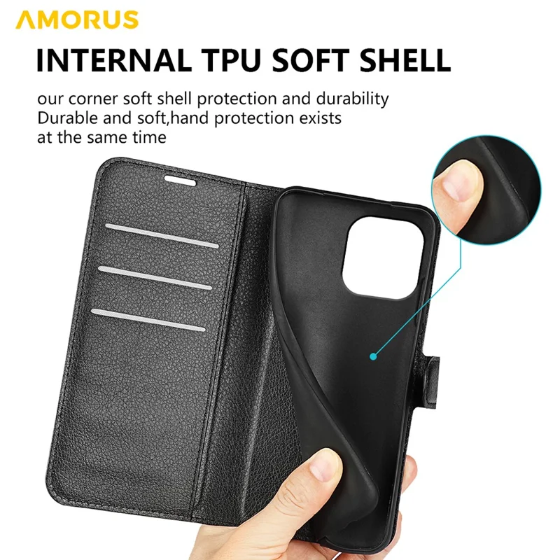 AMORUS For iPhone 15 Pro Wallet Case Litchi Texture Shockproof Leather Flip Stand Phone Cover - Black