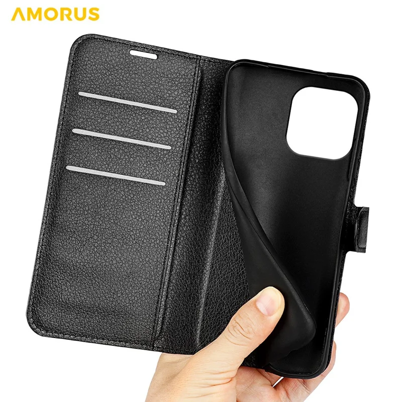 AMORUS For iPhone 15 Pro Wallet Case Litchi Texture Shockproof Leather Flip Stand Phone Cover - Black