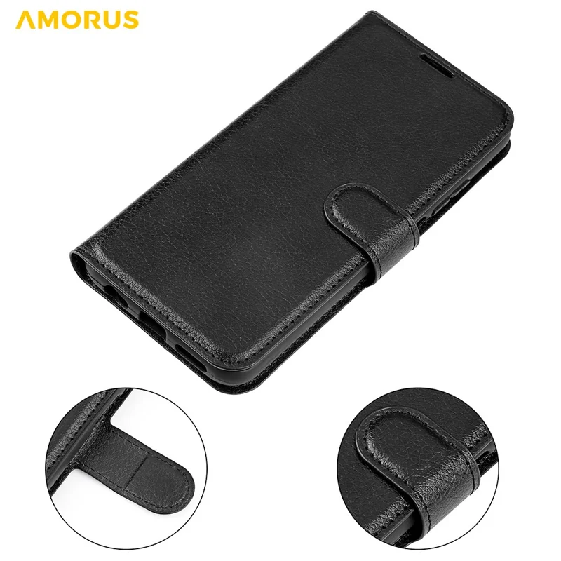 AMORUS For iPhone 15 Pro Wallet Case Litchi Texture Shockproof Leather Flip Stand Phone Cover - Black