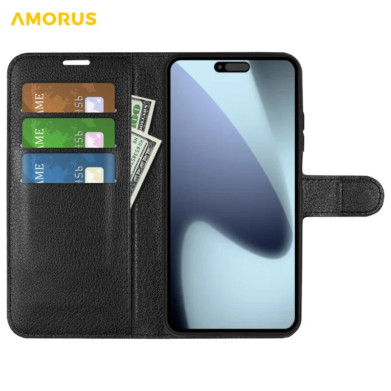 AMORUS For iPhone 17 Wallet Case Litchi Texture Shockproof Leather Flip Stand Phone Cover - Black