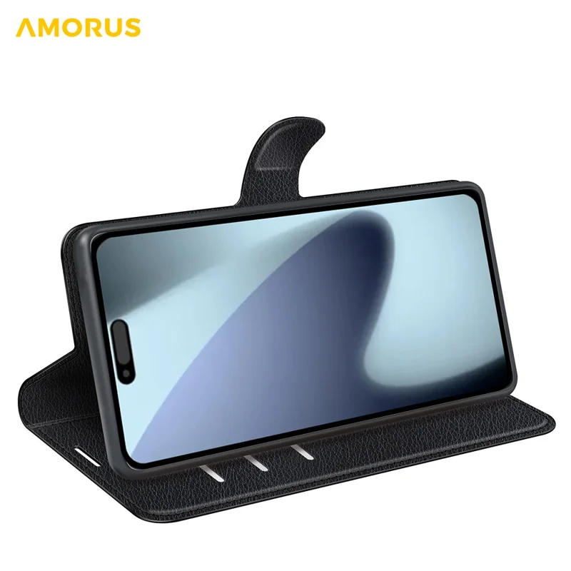 AMORUS For iPhone 17 Wallet Case Litchi Texture Shockproof Leather Flip Stand Phone Cover - Black