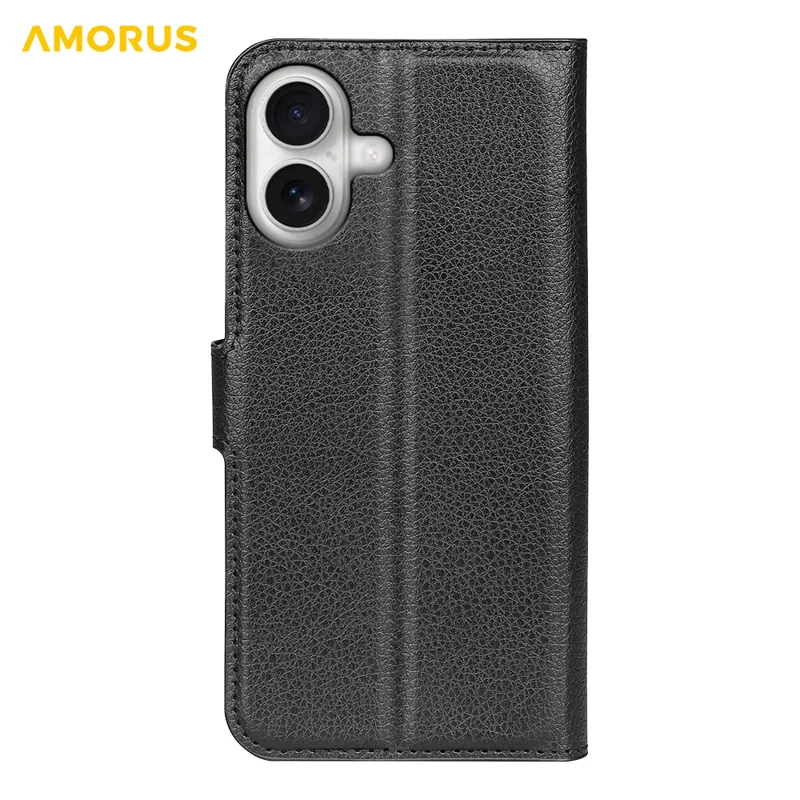 AMORUS For iPhone 17 Wallet Case Litchi Texture Shockproof Leather Flip Stand Phone Cover - Black