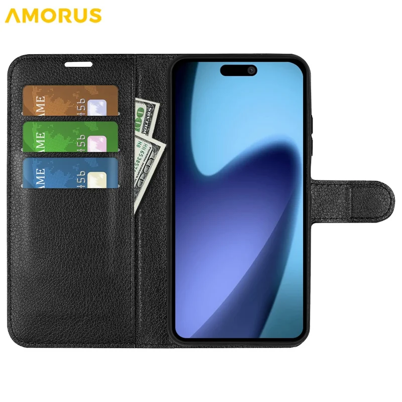 AMORUS For iPhone Air Wallet Case Litchi Texture Shockproof Leather Flip Stand Phone Cover - Black