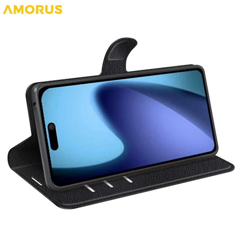 AMORUS For iPhone Air Wallet Case Litchi Texture Shockproof Leather Flip Stand Phone Cover - Black