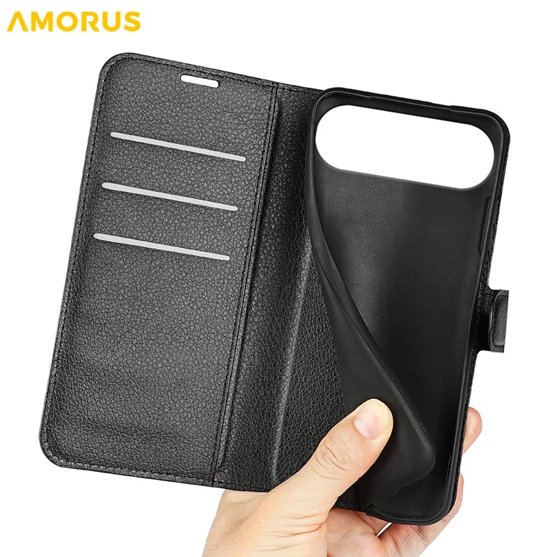 AMORUS For iPhone Air Wallet Case Litchi Texture Shockproof Leather Flip Stand Phone Cover - Black