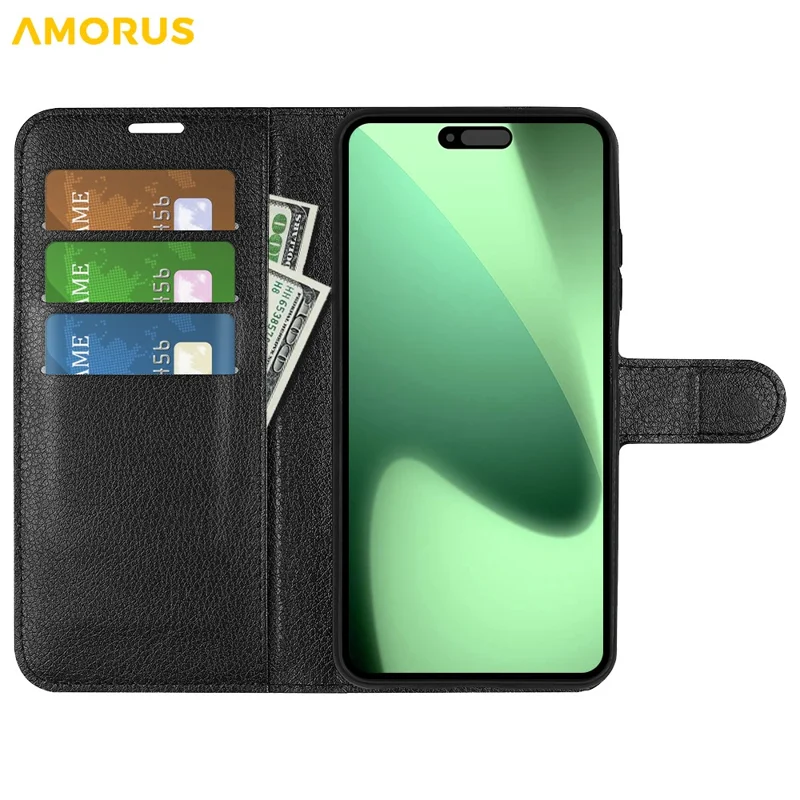 AMORUS för iPhone 17 Pro Max plånboksfodral med yta som liknar litchi, chockabsorberande läderfodral med vikbar ställfunktion - Svart
