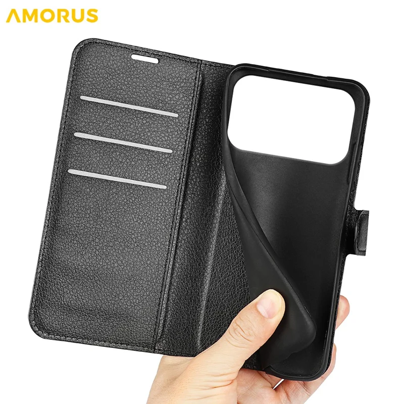 AMORUS för iPhone 17 Pro Max plånboksfodral med yta som liknar litchi, chockabsorberande läderfodral med vikbar ställfunktion - Svart
