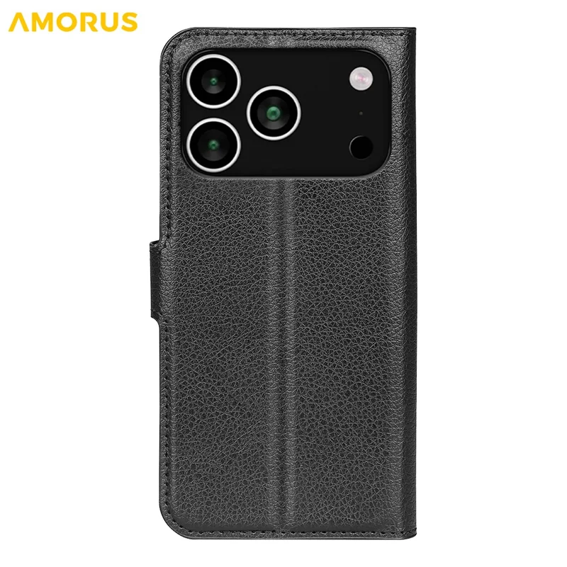 AMORUS för iPhone 17 Pro Max plånboksfodral med yta som liknar litchi, chockabsorberande läderfodral med vikbar ställfunktion - Svart