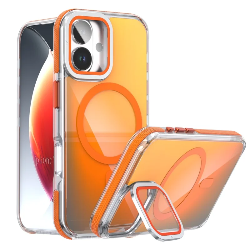 iPhone 17 Magnetische Hülle TPU Acryl-Handyhülle mit Linsenfilm und Ständer - Orange