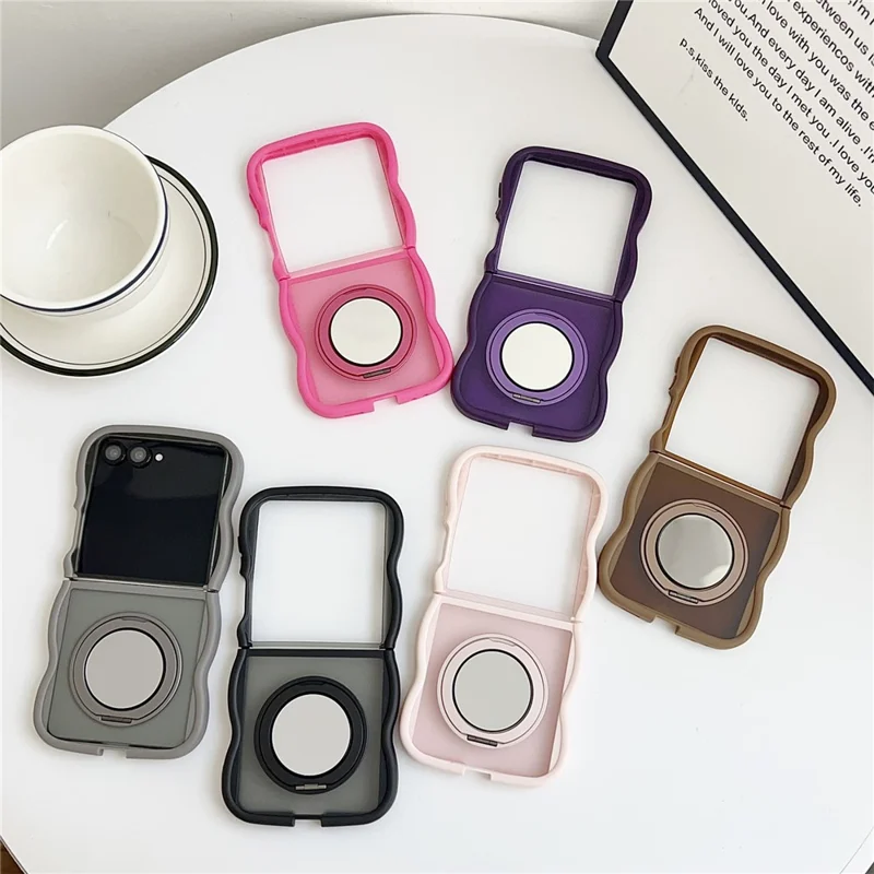 For Samsung Galaxy Z Flip7 5G Magnetic Case Mirror Rotating Kickstand Wave Edge TPU + PC Phone Cover - Grey