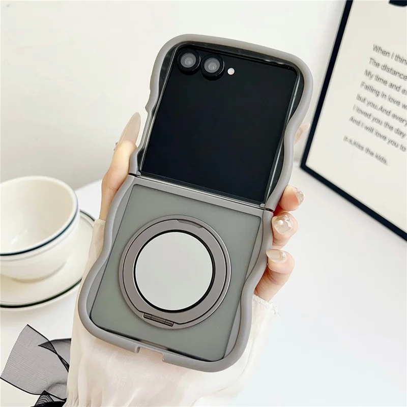 For Samsung Galaxy Z Flip7 5G Magnetic Case Mirror Rotating Kickstand Wave Edge TPU + PC Phone Cover - Grey