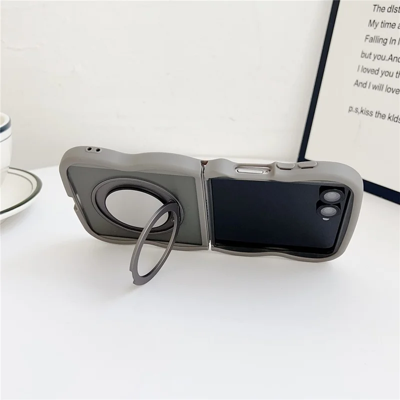 For Samsung Galaxy Z Flip7 5G Magnetic Case Mirror Rotating Kickstand Wave Edge TPU + PC Phone Cover - Grey