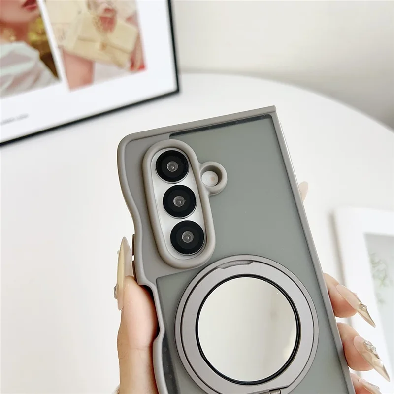 For Samsung Galaxy Z Fold7 5G Magnetic Case Mirror Rotating Kickstand Wave Edge TPU + PC Phone Cover - Rose