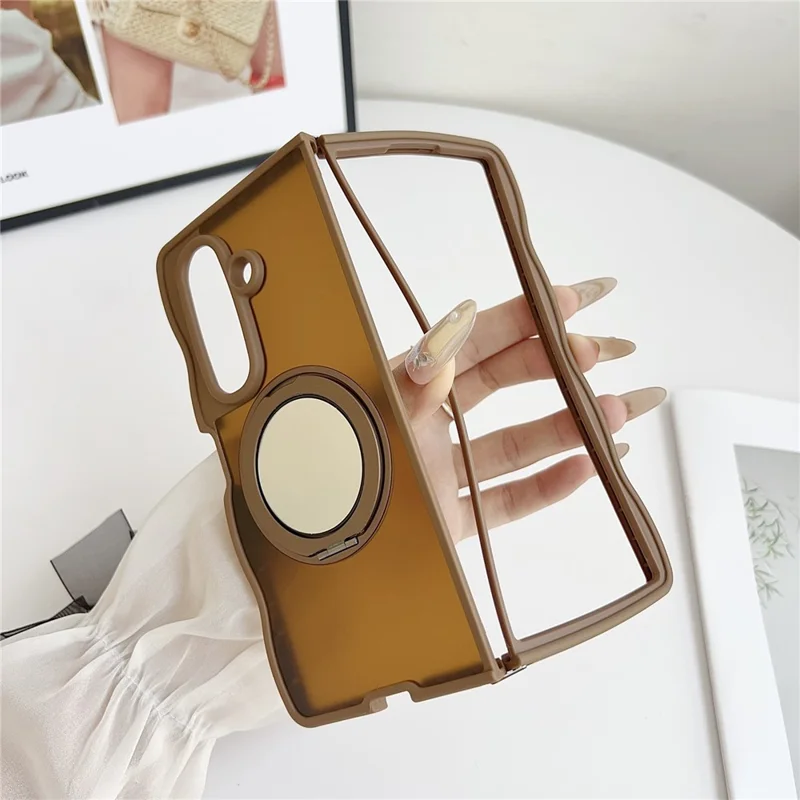 For Samsung Galaxy Z Fold7 5G Magnetic Case Mirror Rotating Kickstand Wave Edge TPU + PC Phone Cover - Rose
