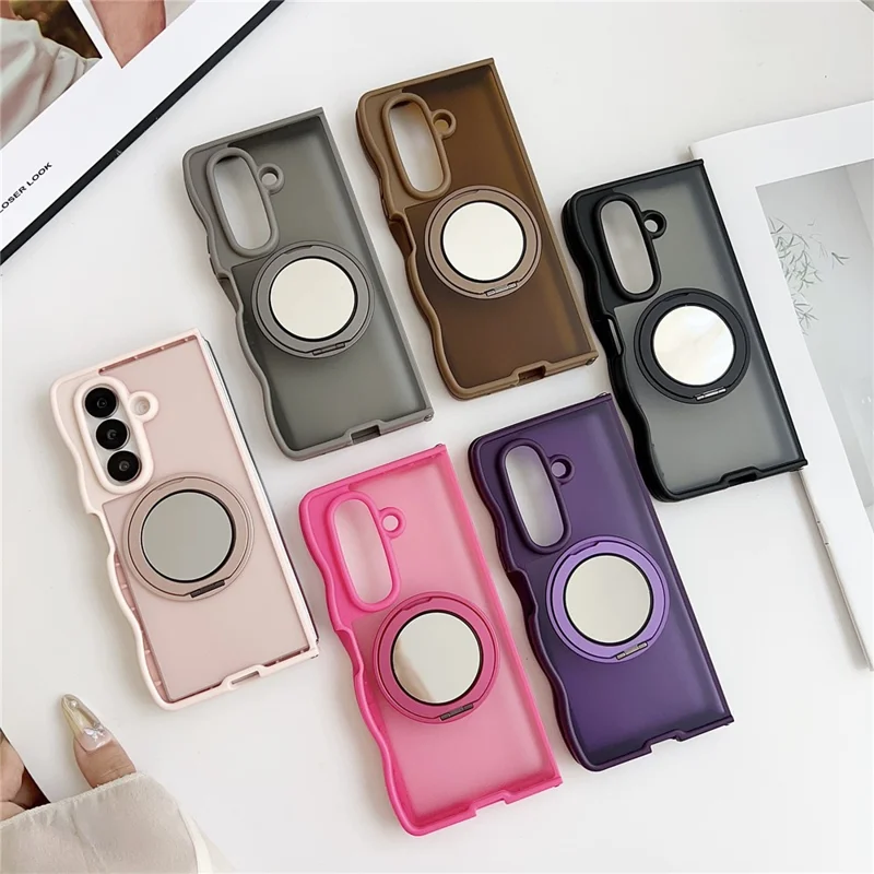 For Samsung Galaxy Z Fold7 5G Magnetic Case Mirror Rotating Kickstand Wave Edge TPU + PC Phone Cover - Rose