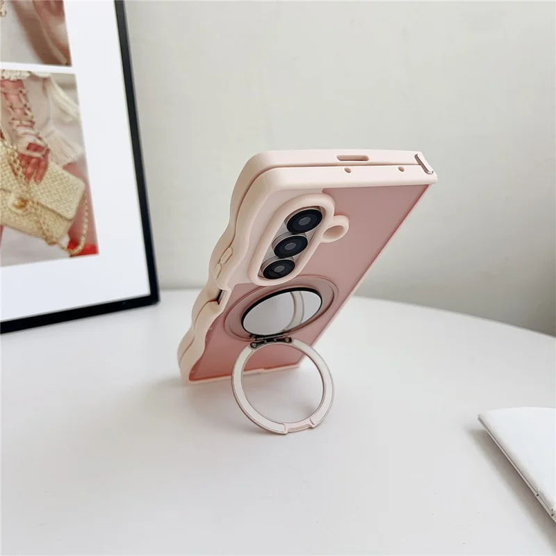 For Samsung Galaxy Z Fold7 5G Magnetic Case Mirror Rotating Kickstand Wave Edge TPU + PC Phone Cover - Rose