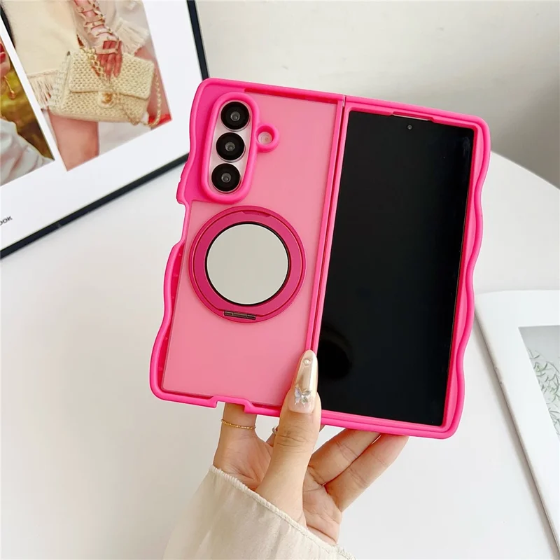 For Samsung Galaxy Z Fold7 5G Magnetic Case Mirror Rotating Kickstand Wave Edge TPU + PC Phone Cover - Rose