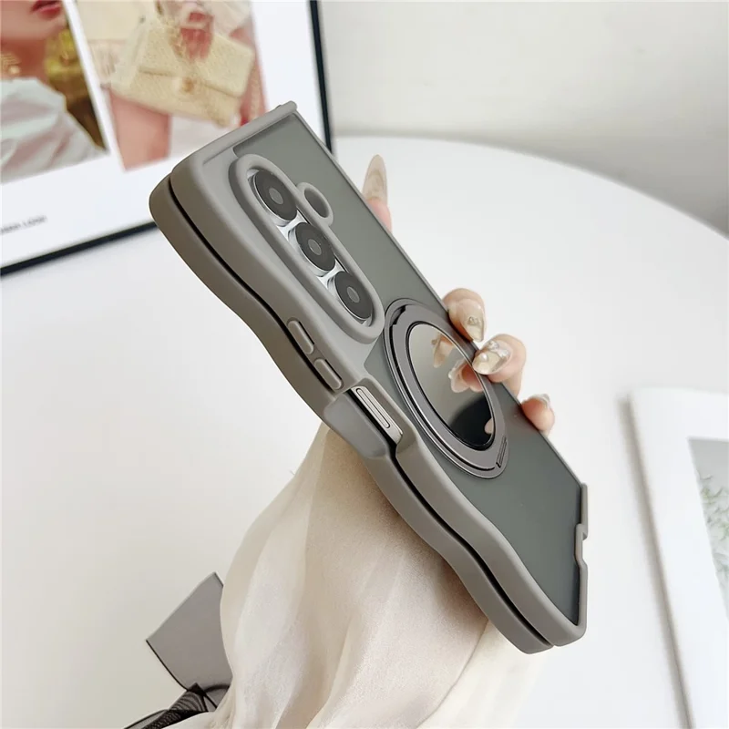 For Samsung Galaxy Z Fold7 5G Magnetic Case Mirror Rotating Kickstand Wave Edge TPU + PC Phone Cover - Rose