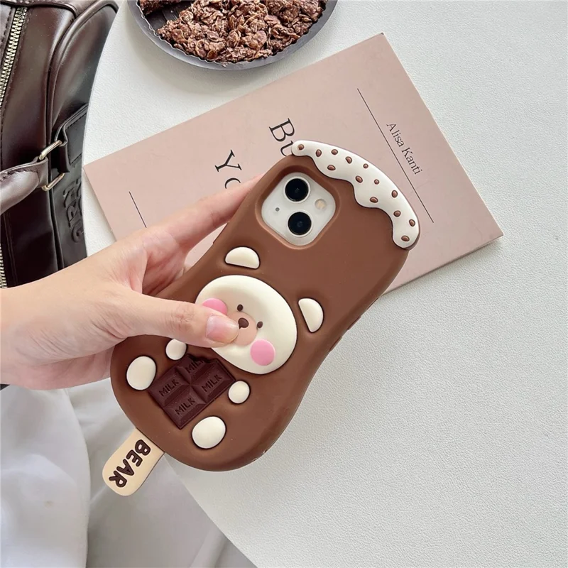 For iPhone 15 Silicone Case Cute Ice Cream Bear Design Shockproof Phone Back Cover